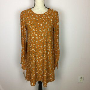 MNG Mango Mini Shift Dress XS Woman Yellow Floral Print Long Sleeve Stretch Knit